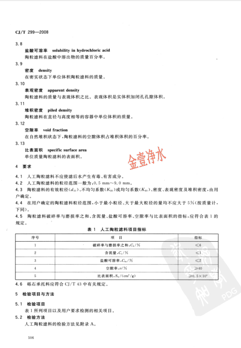 陶粒滤料国家标准内容页（影印件）